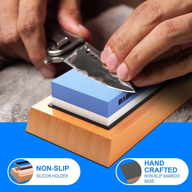 BABOSTOW Premium Whetstone Knife Sharpening Stone 2 Side Grit 1000/6000 Waterstone- Whetstone Knife Sharpener- NonSlip Bamboo Base & Angle Guide - Image 3